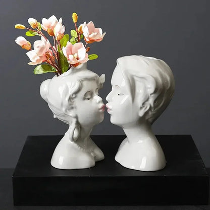 Ceramic Head Face Vase Small Lovers Kiss Statue Flower Pot White Black Modern Planter for Home Table Decoration Floral Art Gifts - Confia