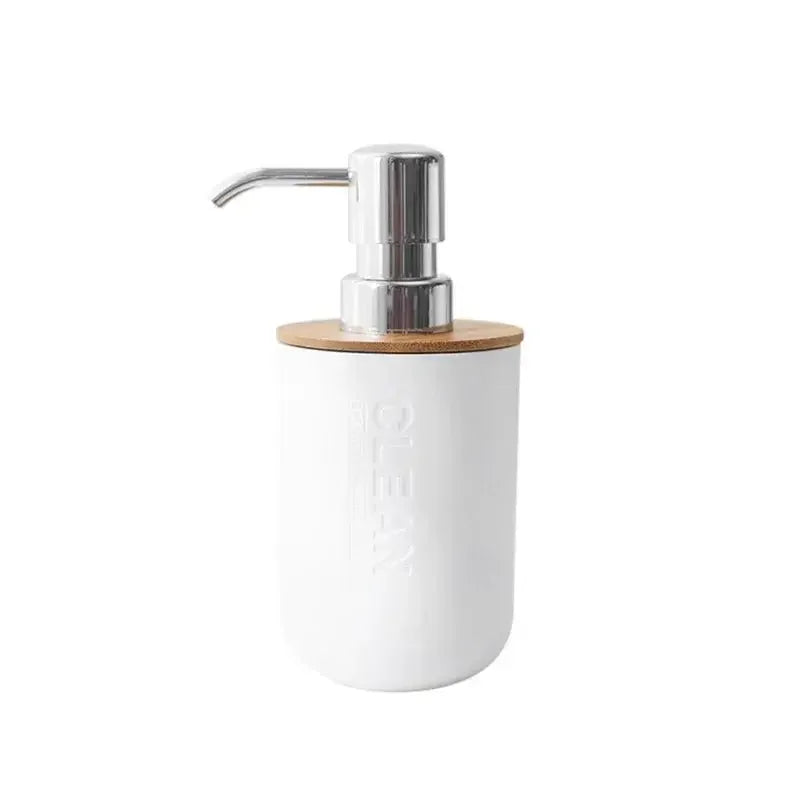 Bathroom Wash Accessories Bamboo Wood Set Ribbed Design with Bamboo Accents, Includes Soap Dispenser, Toothbrush Holder, Tumbler & Soap Dish (White) - Confia - reusablefoodstoragebags confia