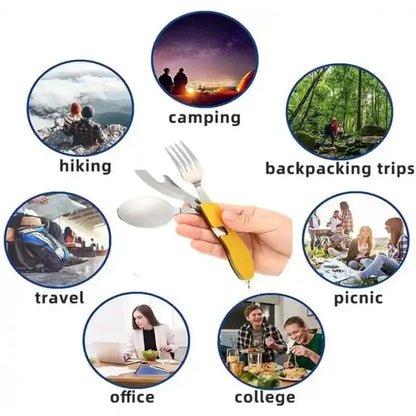 Stainless Steel cutlery 4 In 1 Outdoor Picnic Tableware Foldable Knife Fork Spoon Bottle Opener Folding Pocket Cutlery Set - Confia