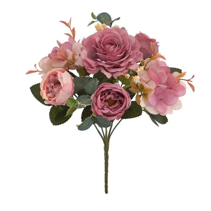 Artificial Flowers with Hydrangea Silk Fake Flowers 1 Bouquets for Home Wedding Decoration Table Centerpiece, Faux Peonies Flow - Confia