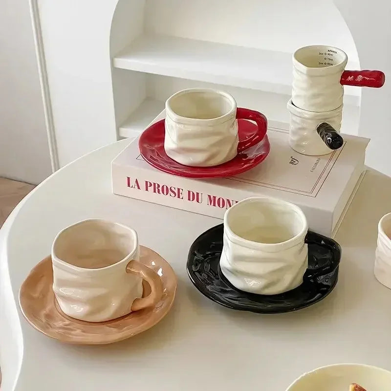 230ml Ceramics Coffee Cups and Saucers Creative Pleated Design Ceramics Mug Afternoon Tea Cup Breakfast Milk Couple Water Cup - Confia