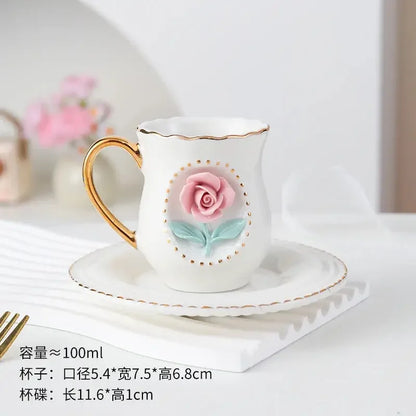 Ceramic rose cup, coffee cup plate set, handmade ceramic flower cup Gift for Women - Confia