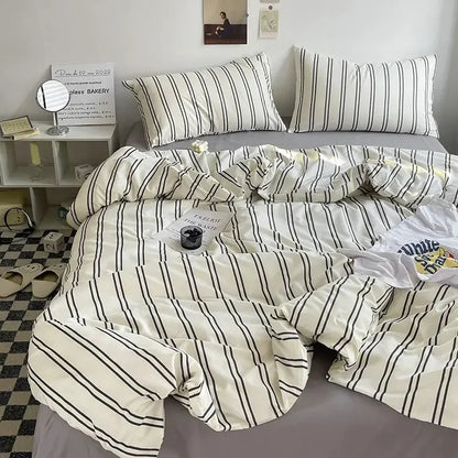 Microfiber Solid Satin Stripe Cotton AC Comforter Set King Size Double Bed with 1 Flat Bedsheet Linen Duvet Cover Set - Confia - reusablefoodstoragebags confia
