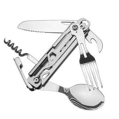 Outdoor Tableware Multi-function Portable Folding Spoon, Fork, Knife, Cork Opener and Bottle Can Opener for Travel Foldable Cutlery Camping Equipment - Confia