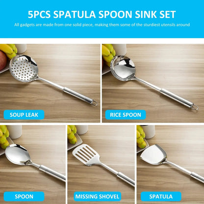 5Pcs Kitchen Cooking Utensils Set Stainless Steel Spoons Spatula with Ergonomic Handle Heavy-Duty Washable Spoons Utensils - Confia