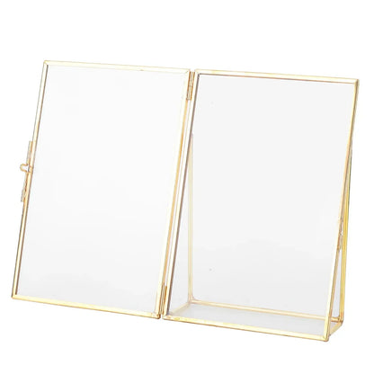 Decorative Glass Photo Frame with Gold Metal Stand, Table Brass double Glass Photo Frame for Dried, pressed Flowers, Floating Frame for Gifting 5x7 inches Tabletop, decorative - Confia