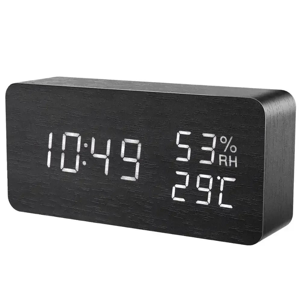 Alarm Clock LED Wooden Watch Table Voice Control Digital Wood Despertador USB/AAA Powered Electronic Desktop Clocks - Confia