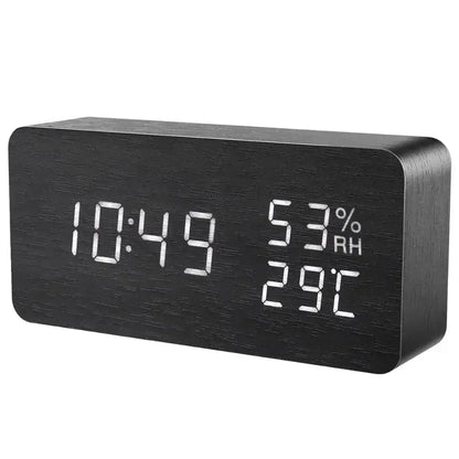 Alarm Clock LED Wooden Watch Table Voice Control Digital Wood Despertador USB/AAA Powered Electronic Desktop Clocks - Confia